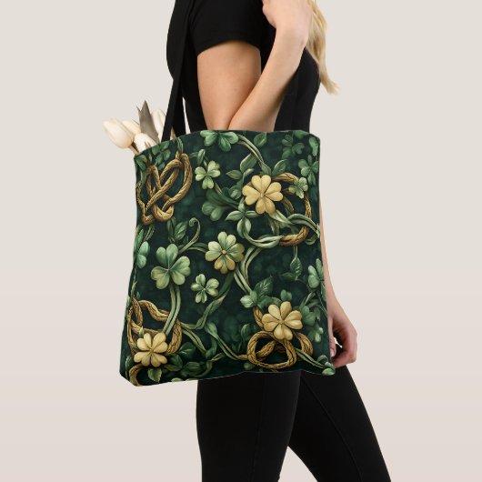 グリーンと金ゴールドのケルト結び目模様パターン トートバッグ (クローズアップ)