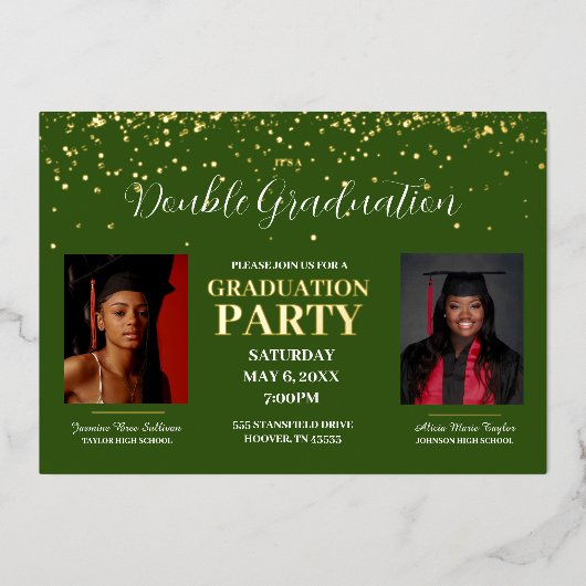 グリーンと金ゴールドのダブル卒業金ゴールド 箔招待状 (正面)