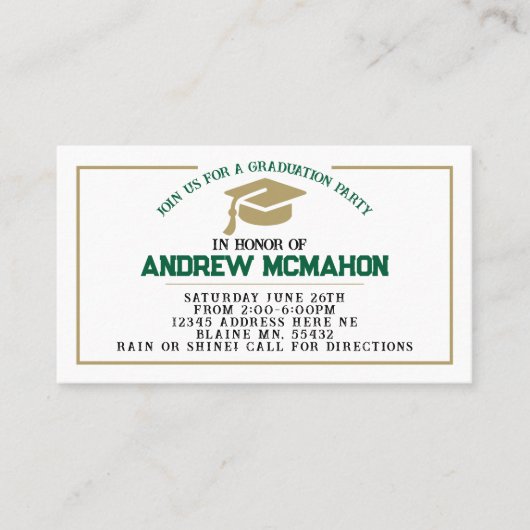 グリーンと金ゴールドの卒業招待状発表の挿入 名刺 (正面)