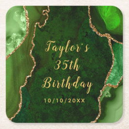 グリーンと金ゴールドアガテマーブル誕生日 スクエアペーパーコースター