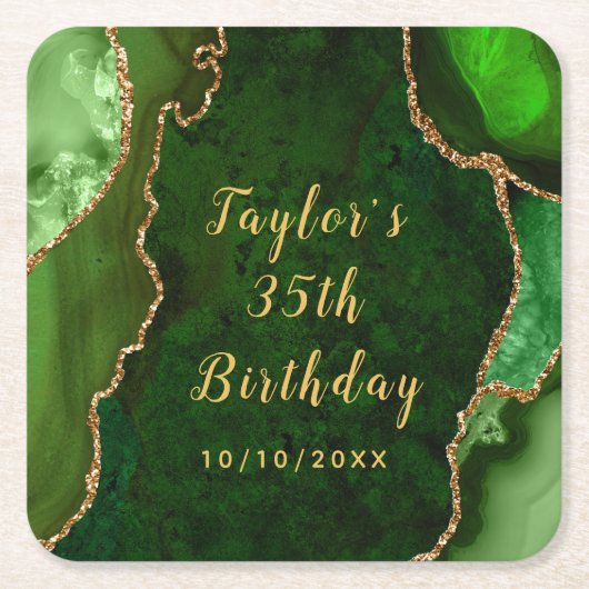 グリーンと金ゴールドアガテマーブル誕生日 スクエアペーパーコースター (正面)