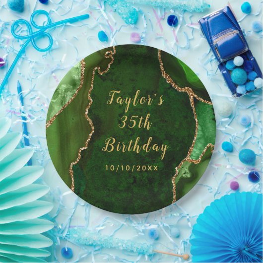 グリーンと金ゴールドアガテマーブル誕生日 ペーパープレート (パーティー)
