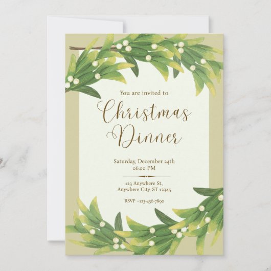 グリーンと金ゴールドエレガントのクリスマスディナー 招待状 (正面)