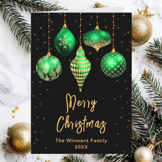 グリーンと金ゴールドオーナメントメリークリスマス シーズンカード