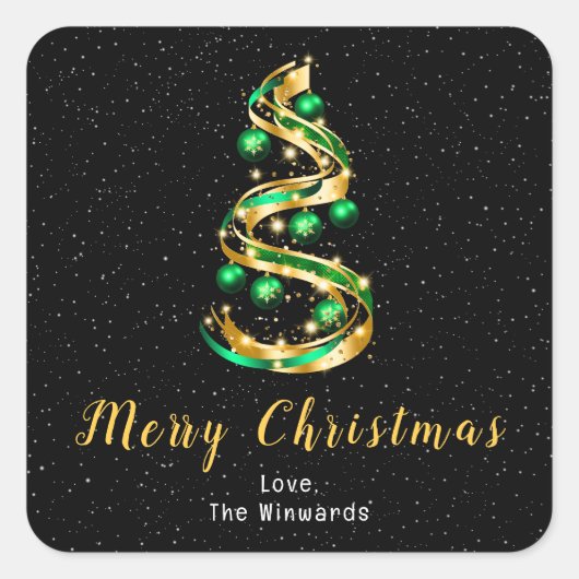 グリーンと金ゴールドオーナメントメリークリスマス スクエアシール (正面)