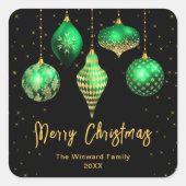 グリーンと金ゴールドオーナメントメリークリスマス スクエアシール (正面)