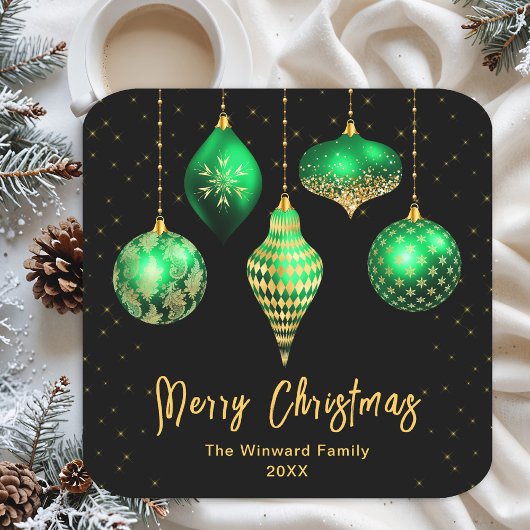 グリーンと金ゴールドオーナメントメリークリスマス スクエアペーパーコースター