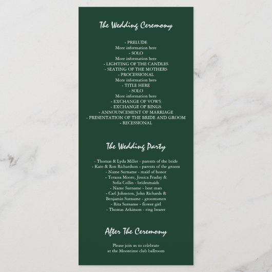 グリーンと金ゴールドガーデン花模様結婚式 プログラム (裏面)