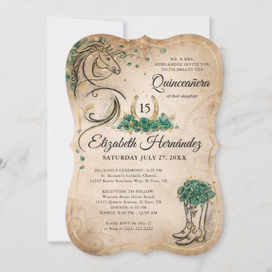 グリーンと金ゴールドキンセアニラ素朴ホース誕生日 招待状 (正面)