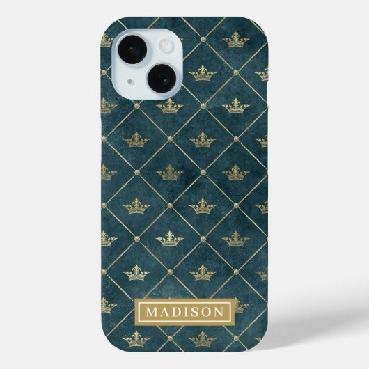 グリーンと金ゴールドクイーンクラウンパターン名前をカスタムする Case-Mate iPhoneケース (裏面)