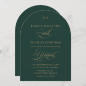 グリーンと金ゴールドクラシックモノグラム結婚ズ 招待状 (正面/裏面)