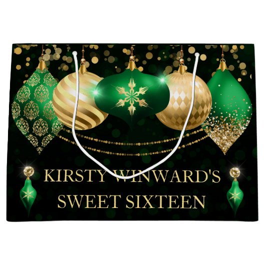 グリーンと金ゴールドクリスマスバウブルズスウィート16 ラージペーパーバッグ (正面)
