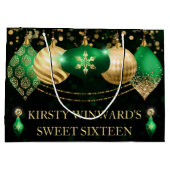 グリーンと金ゴールドクリスマスバウブルズスウィート16 ラージペーパーバッグ (裏面)