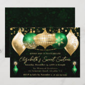 グリーンと金ゴールドクリスマスバウブルズスウィート16 招待状 (正面/裏面)