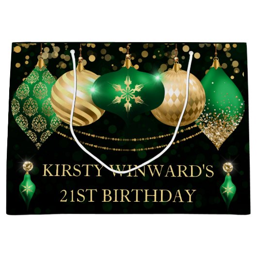 グリーンと金ゴールドクリスマスボーブル誕生日 ラージペーパーバッグ (正面)
