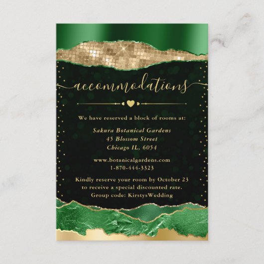 グリーンと金ゴールドグラムティアーズ結婚アコモデーション エンクロージャーカード (正面)