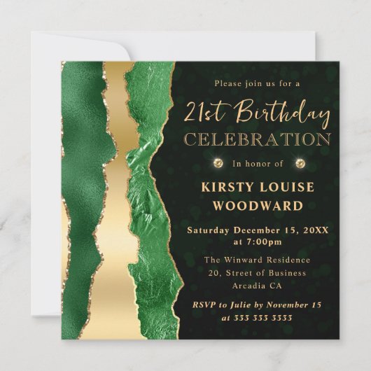 グリーンと金ゴールドグラムティアーズ《写真》ぼけ味21歳の誕生日 招待状 (正面)