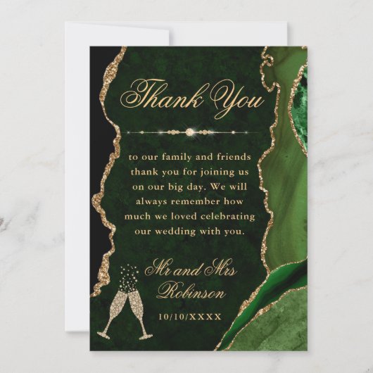 グリーンと金ゴールドグリッターアゲート&マーブル結婚ズ サンキューカード (正面)