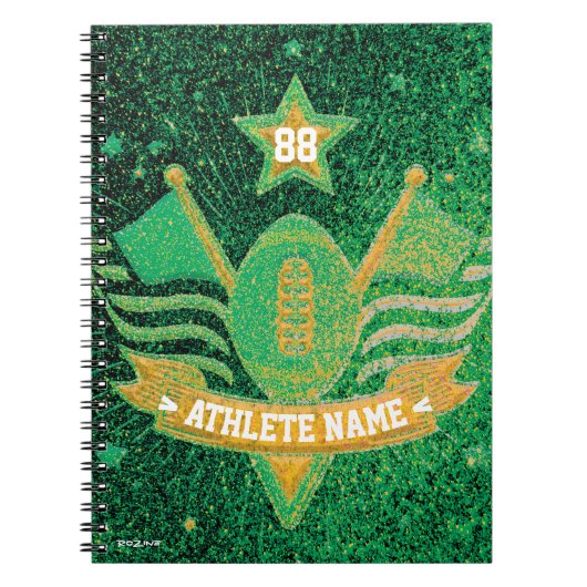 グリーンと金ゴールドグリッターアメリカンフットボール・チャンピオン ノートブック (正面)