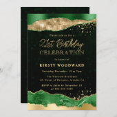 グリーンと金ゴールドグリッターグラムティアーズ21歳の誕生日 招待状 (正面/裏面)
