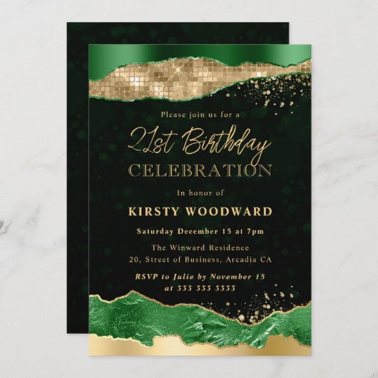 グリーンと金ゴールドグリッターグラムティアーズ21歳の誕生日 招待状 (正面/裏面)