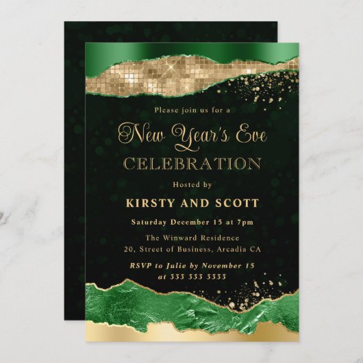 グリーンと金ゴールドグリッターグラムティアーズ 招待状 (正面/裏面)