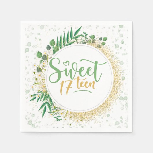 グリーンと金ゴールドグリッタースウィート17thバースデーパーティー スタンダードカクテルナプキン (正面)