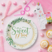 グリーンと金ゴールドグリッタースウィート17thバースデーパーティー ペーパープレート (パーティー)