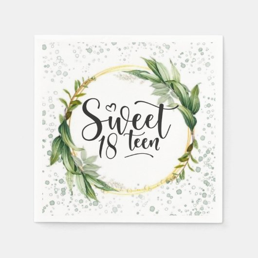 グリーンと金ゴールドグリッタースウィート18thバースデーパーティー スタンダードカクテルナプキン (正面)