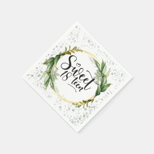 グリーンと金ゴールドグリッタースウィート18thバースデーパーティー スタンダードカクテルナプキン (角)