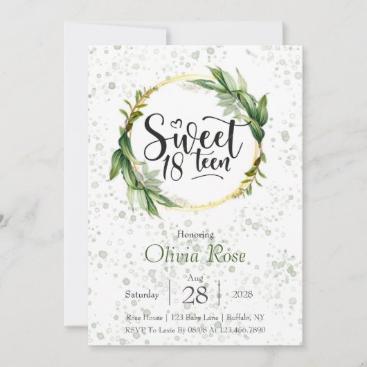 グリーンと金ゴールドグリッタースウィート18thバースデーパーティー 招待状 (正面)