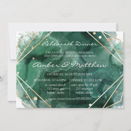 グリーンと金ゴールドグリッター水の色のリハーサルディナー 招待状 (正面)