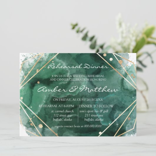 グリーンと金ゴールドグリッター水の色のリハーサルディナー 招待状 (スタンド正面)