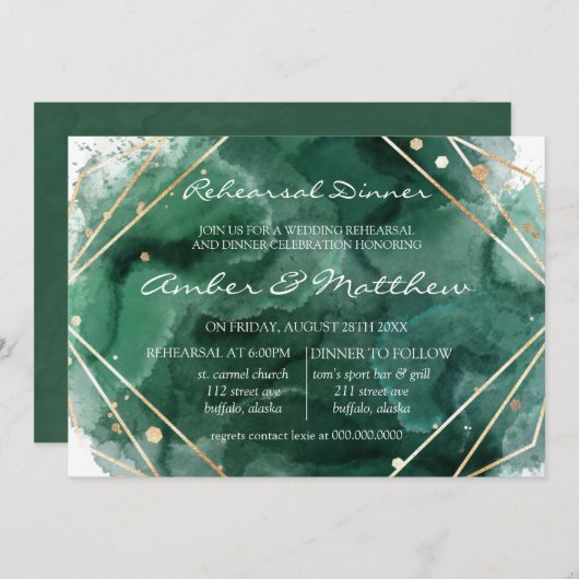 グリーンと金ゴールドグリッター水の色のリハーサルディナー 招待状 (正面/裏面)