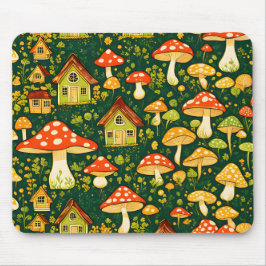 グリーンと金ゴールドコテージのコアフラワーとキノコ マウスパッド