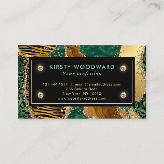グリーンと金ゴールドサファリアニマルグリッターアゲート 名刺 (裏面)