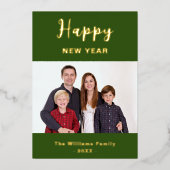 グリーンと金ゴールドシンプルハッピーニューイヤー家族の写真 箔シーズンカード (正面)