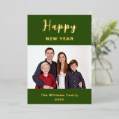 グリーンと金ゴールドシンプルハッピーニューイヤー家族の写真 箔シーズンカード (立ち正面)