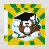 グリーンと金ゴールドスクールカラーの卒業フクロウ 招待状 (正面/裏面)
