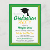 グリーンと金ゴールドスクールカラーズグラッドパーティー インビテーションポストカード (正面)
