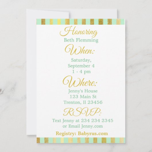 グリーンと金ゴールドストライプのベビーシャワー招待状 招待状 (裏面)
