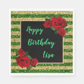 グリーンと金ゴールドストライプグリッターレッドローゼス誕生日 スタンダードランチョンナプキン (正面)