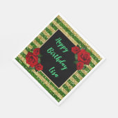 グリーンと金ゴールドストライプグリッターレッドローゼス誕生日 スタンダードランチョンナプキン (角)