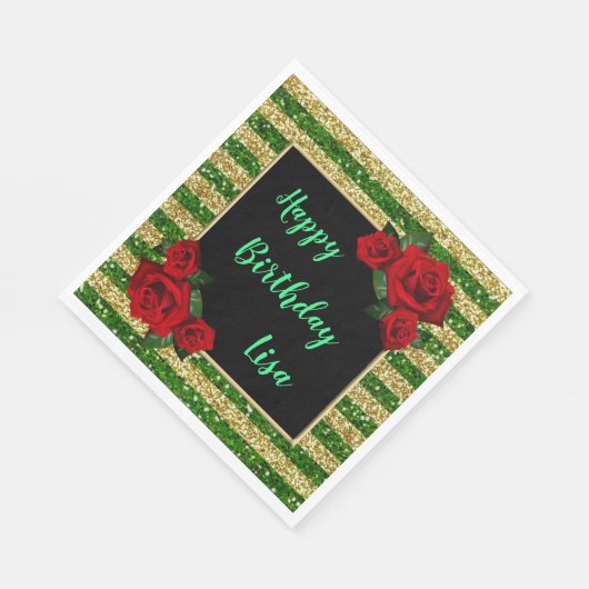 グリーンと金ゴールドストライプグリッターレッドローゼス誕生日 スタンダードランチョンナプキン (角)
