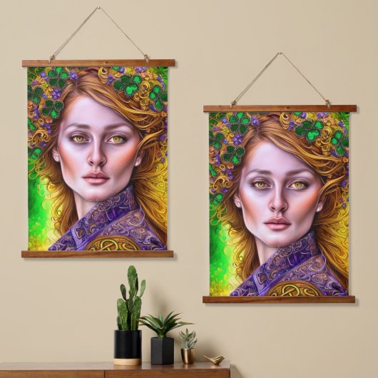 グリーンと金ゴールドセントパトリックの日の女性アートワーク 吊り下げ型タペストリー (非対称)