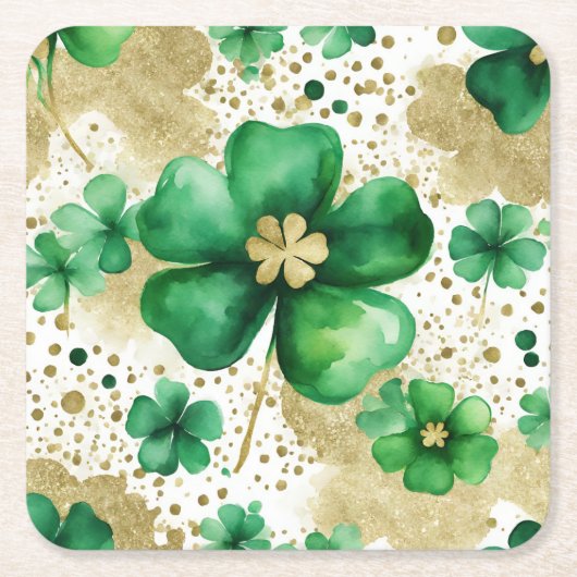 グリーンと金ゴールドセントパトリックの日シャムロック スクエアペーパーコースター (正面)