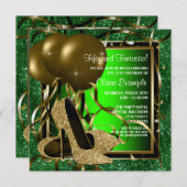 グリーンと金ゴールドハイヒールウーマンバースデーパーティー 招待状 (正面/裏面)