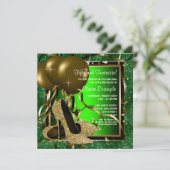 グリーンと金ゴールドハイヒールウーマンバースデーパーティー 招待状 (スタンド正面)
