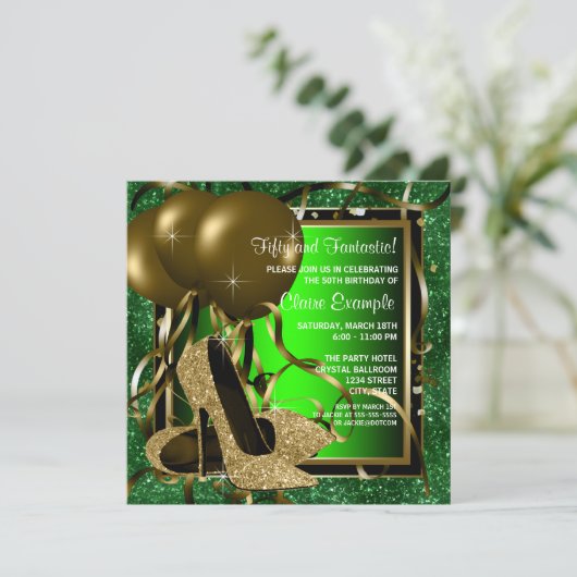 グリーンと金ゴールドハイヒールウーマンバースデーパーティー 招待状 (スタンド正面)