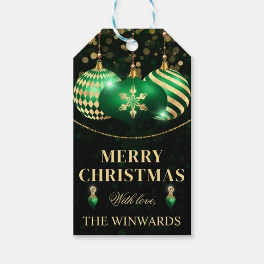グリーンと金ゴールドバウブルメリークリスマスギフトラベル ギフトタグ (正面)